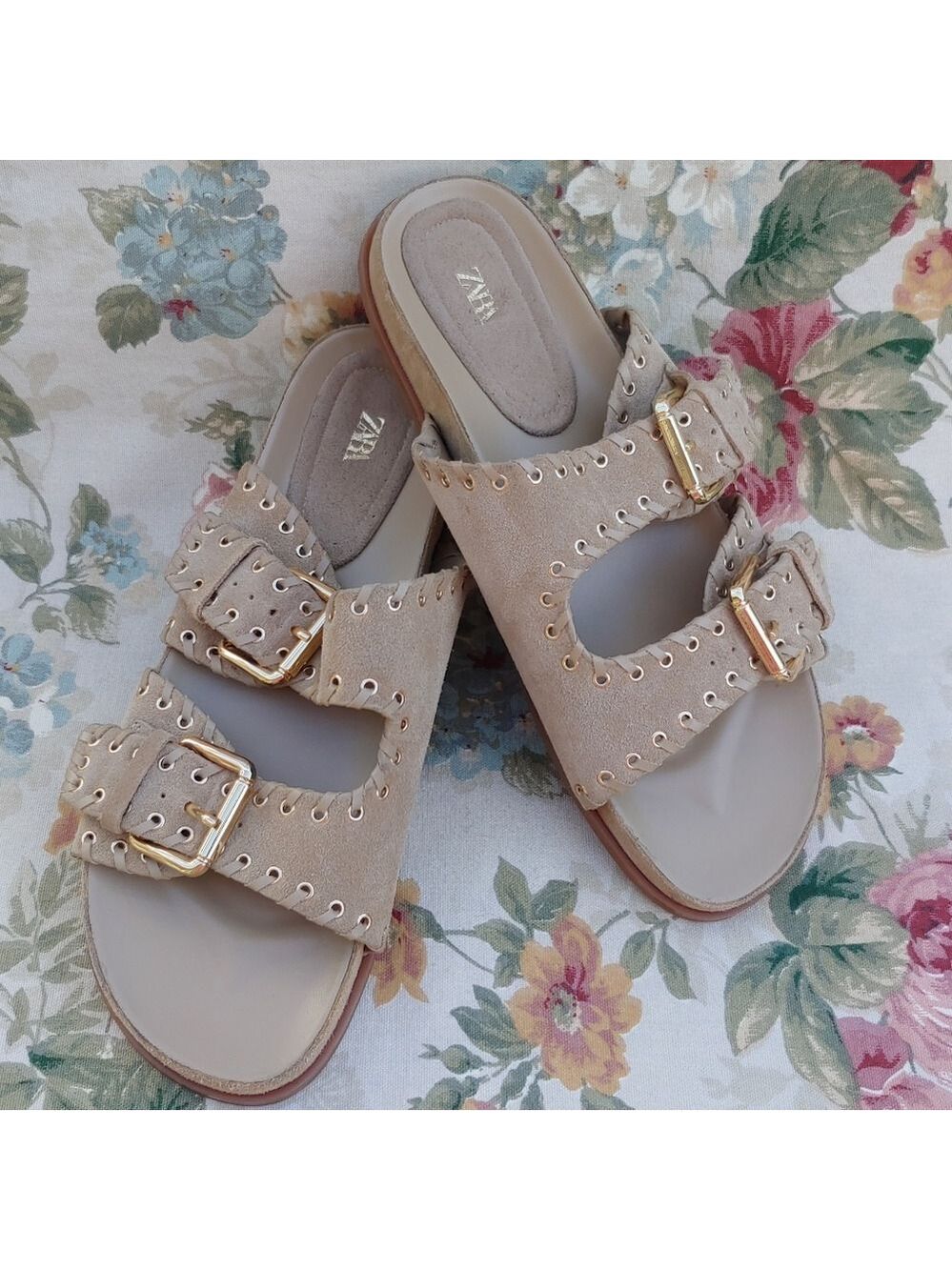 Zara Tan Suede Double Strap Slide Sandals with Gromets Women's size US 11 Euro 4 - Picture 7 of 17